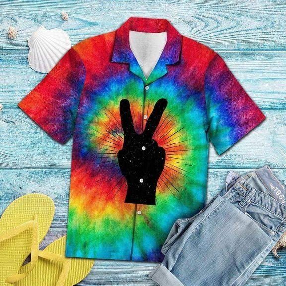 Felacia [Hawaii Shirt] Tie-dye Peace Symbol V Sign Hippie Hawaiian Aloha Shirts-ZX3135